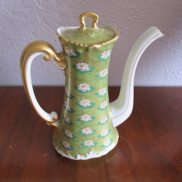Green Floral Lotus Flower Limoges Teapot T.V. France